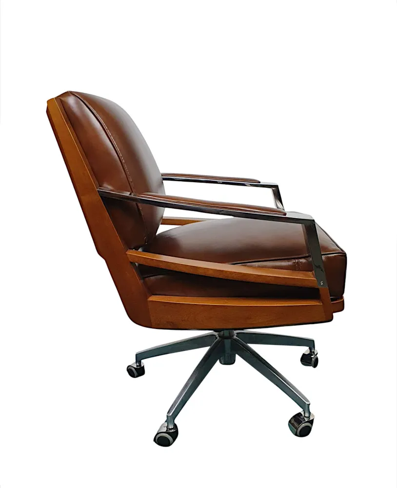 A Stunning Leather and Cherrywood Office Chair in the Art Deco Style with Chrome Detail