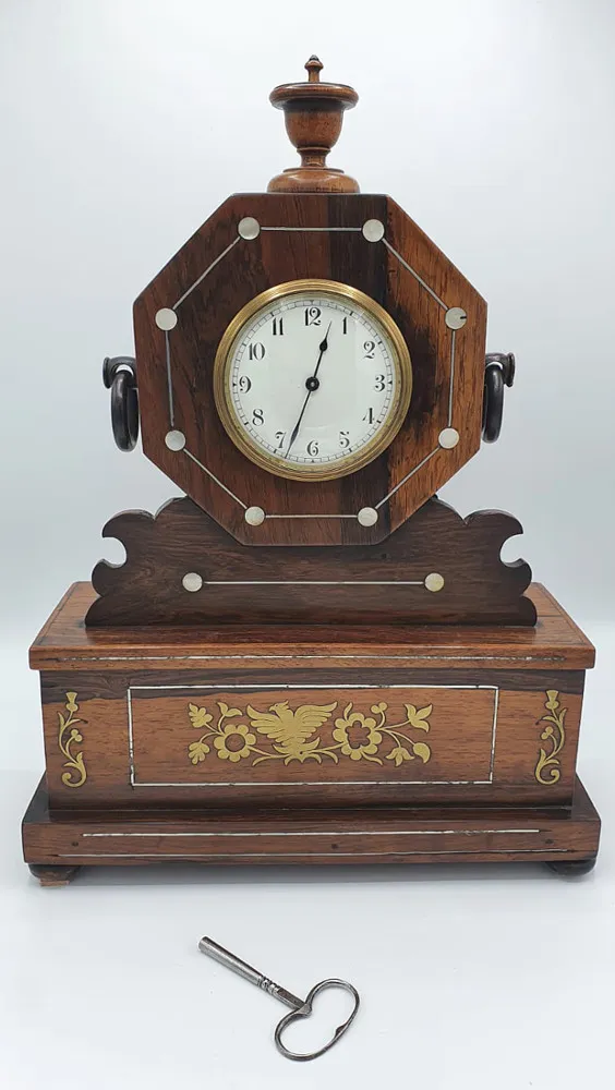 19th Century Rosewood Mantle Clock with Brass and Mother of Pearl Inlay
