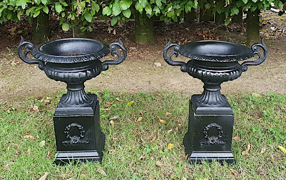 Pair of Victorian Style Cast Iron Garden Urns