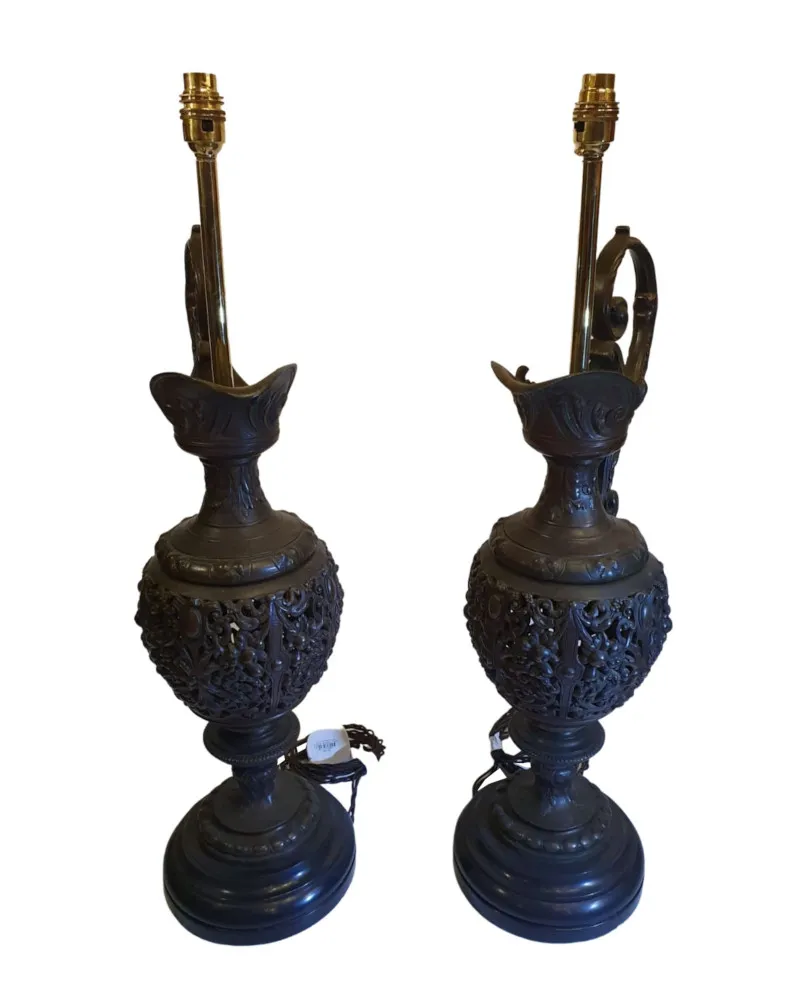 A Rare Pair of 19th Century Bronze Ewers Converted To Table Lamps