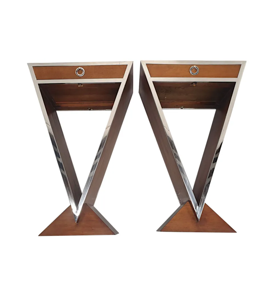 A Stunning Pair of Cherrywood and Chrome Side Tables in the Art Deco Style
