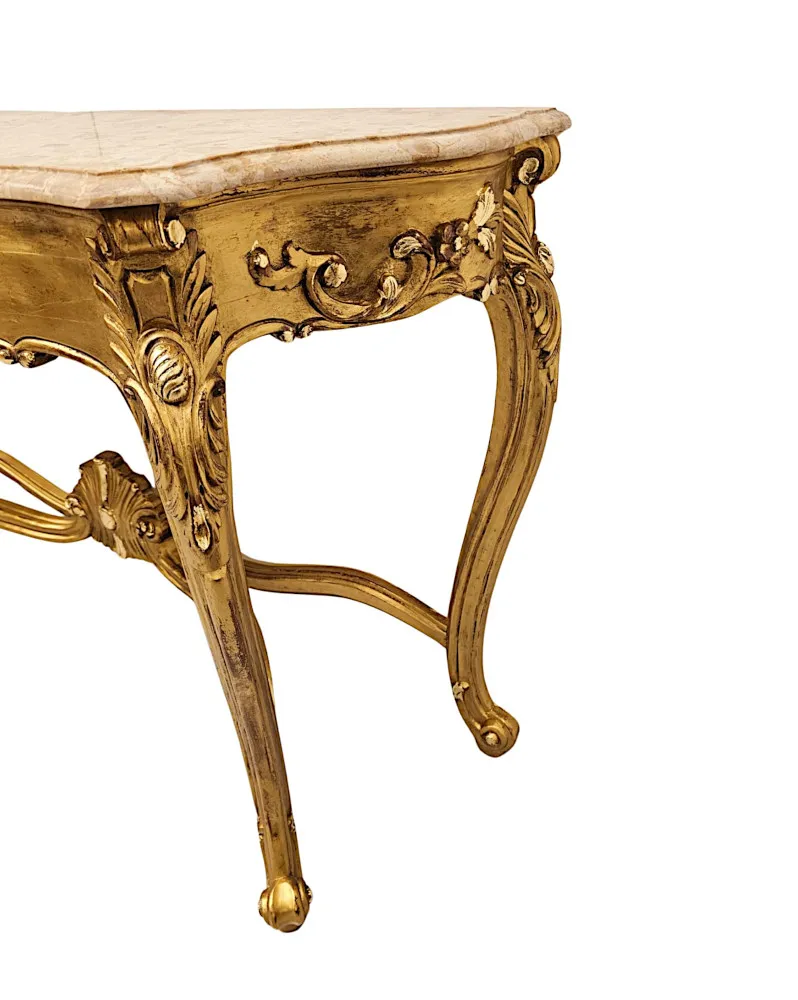 A Very Fine Pair of Early 20th Century Marble Top Giltwood Console Tables 