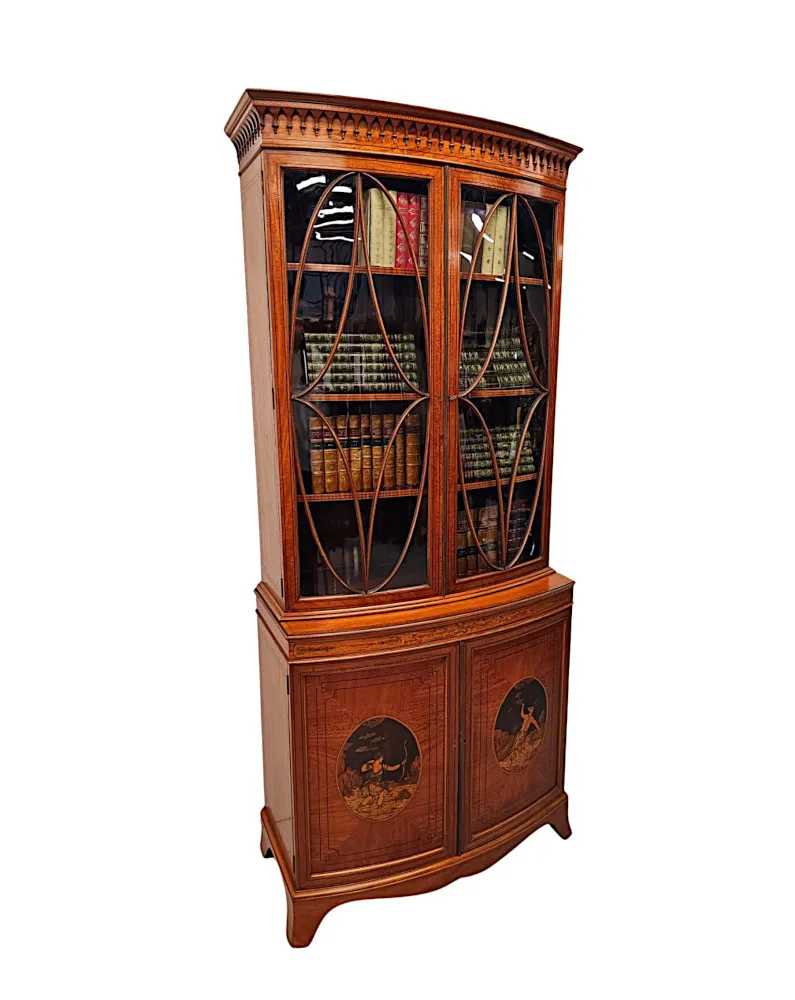 A Very Fine Edwardian Marquetry Inlaid Bowfronted Bookcase in the Manner of Edward and Roberts