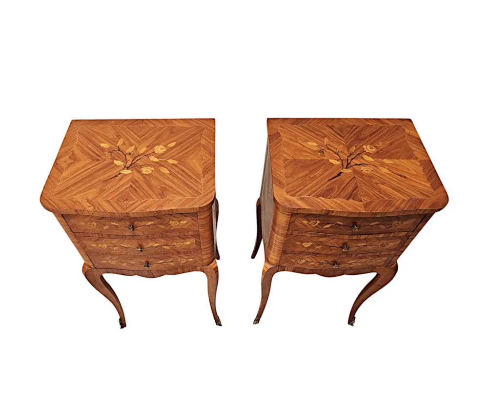  A Fabulous Pair of Early 20th Century Marquetry Inlaid Bedside Tables or Chests 