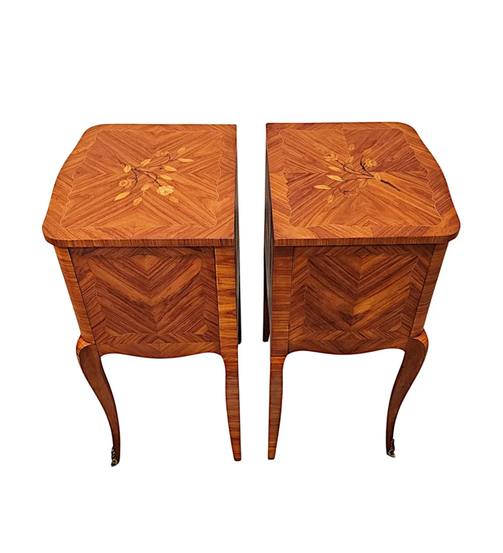  A Fabulous Pair of Early 20th Century Marquetry Inlaid Bedside Tables or Chests 