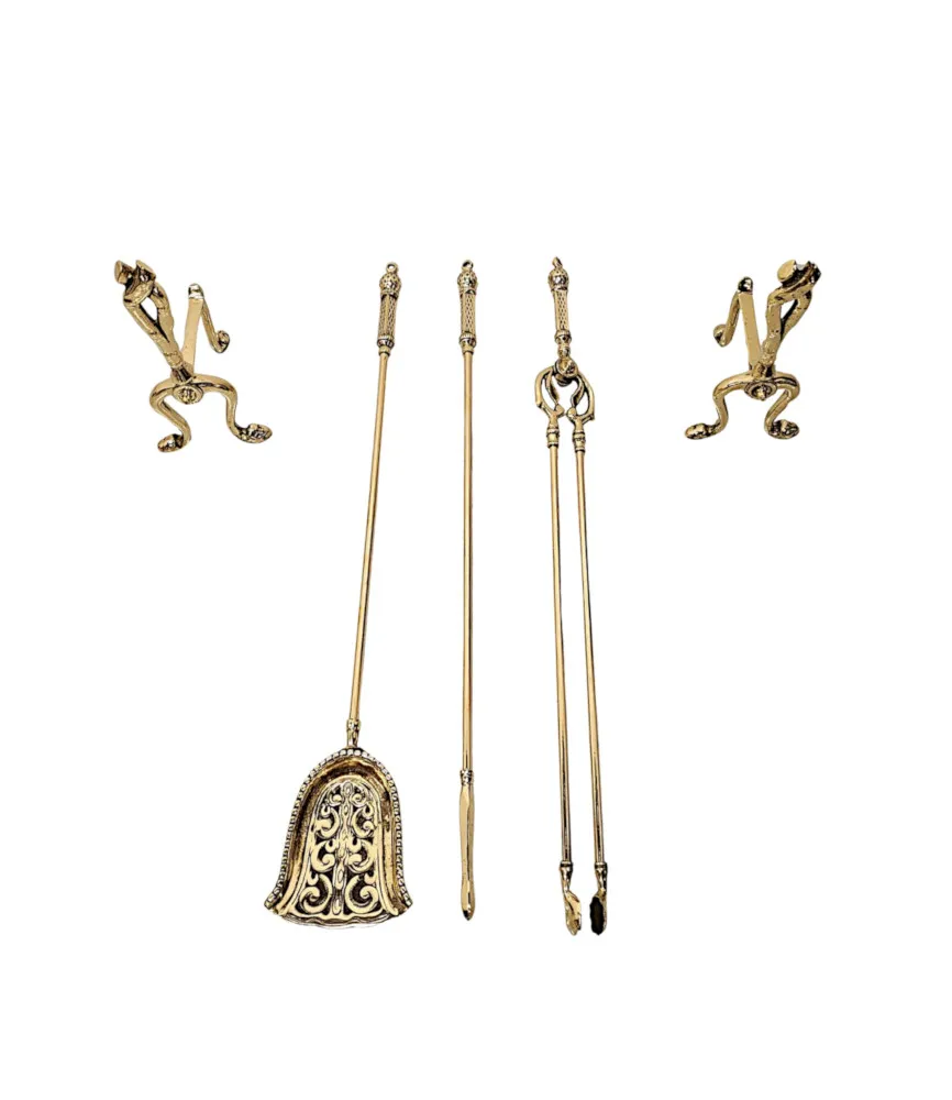 A Fabulous 19th Century Set of fully Polished Brass Fire Irons and Dogs