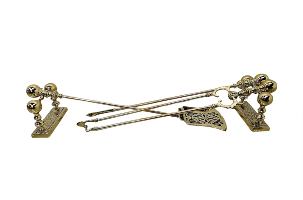 A Gorgeous Set of 19th Century Fully Restored brass Fire Irons and Dogs 