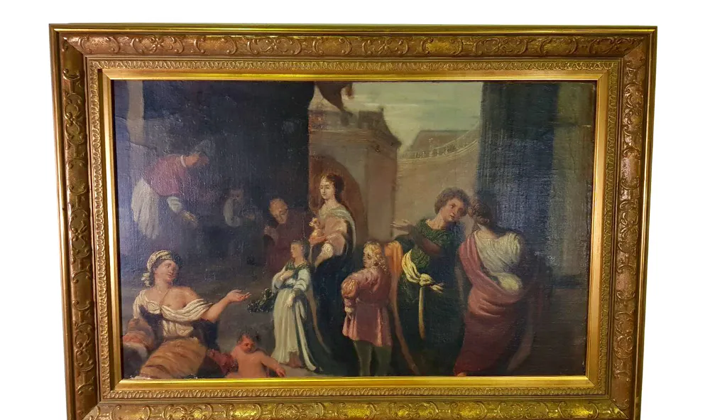 Good Quality 19th Century Oil Painting of Classical Interior with Figures
