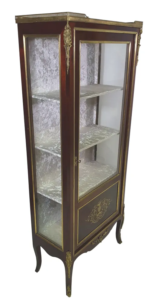 Fully Restored 19th Century Brass Inlaid Mahogany Display Case with Marble Top