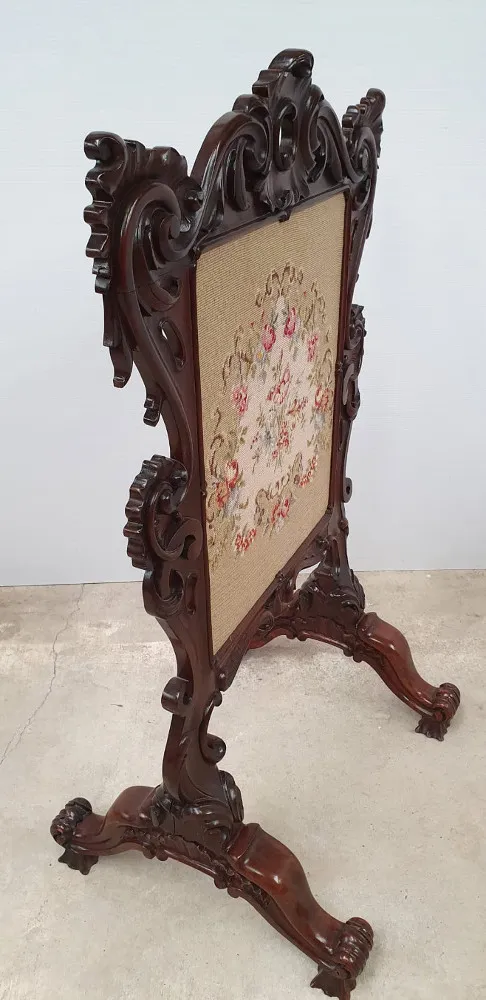 Rare 19th Century Rosewood Firescreen With Floral Tapestry Insert