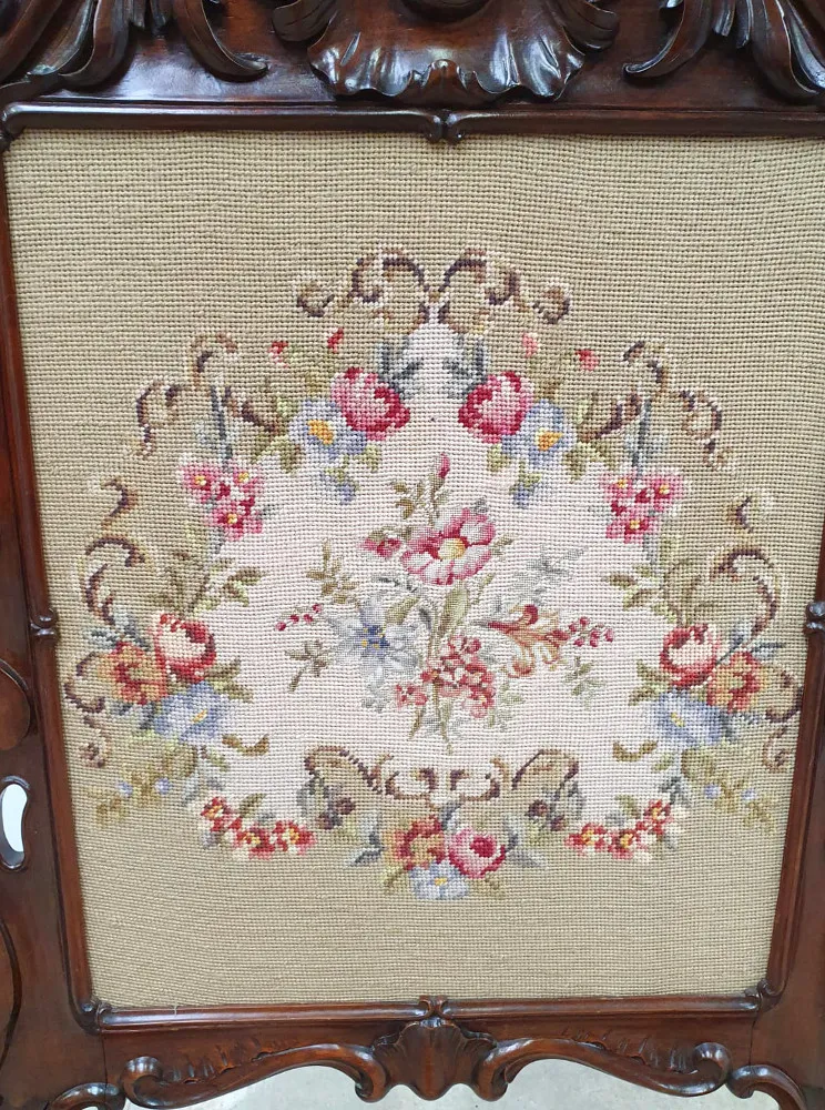 Rare 19th Century Rosewood Firescreen With Floral Tapestry Insert