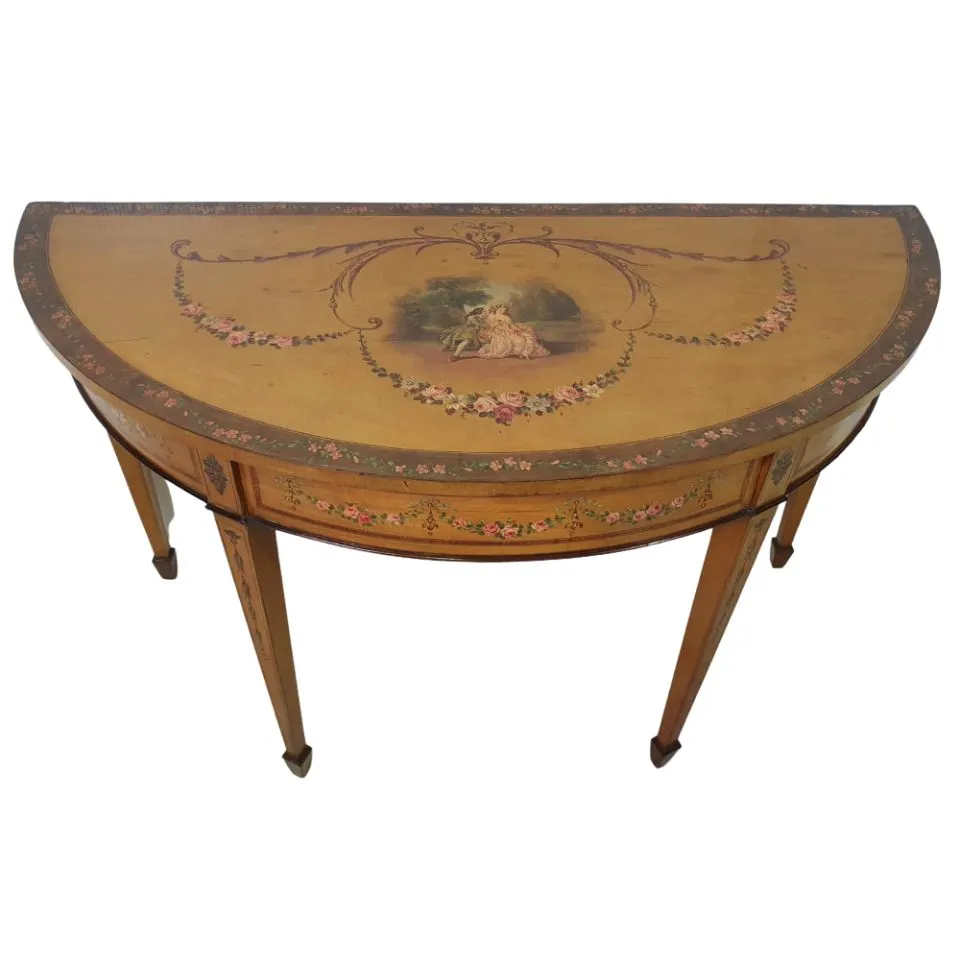  Edwardian Hand Painted Demi Lune Hall Table