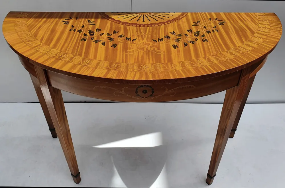 Pair of Marquetry Inlaid Demi Lune Tables