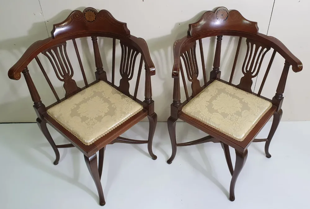 Fully Restored Pair of Edwardian Mahogany Corner Chairs