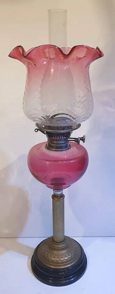 19th Century Oil Lamp with Ruby Bowl and Ruby Tipped Shade