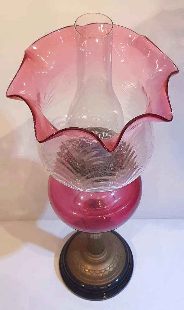 19th Century Oil Lamp with Ruby Bowl and Ruby Tipped Shade