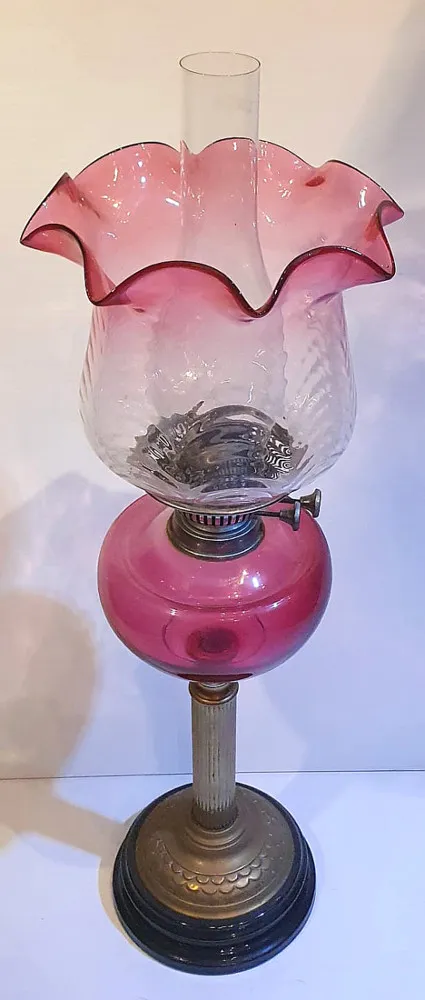 19th Century Oil Lamp with Ruby Bowl and Ruby Tipped Shade