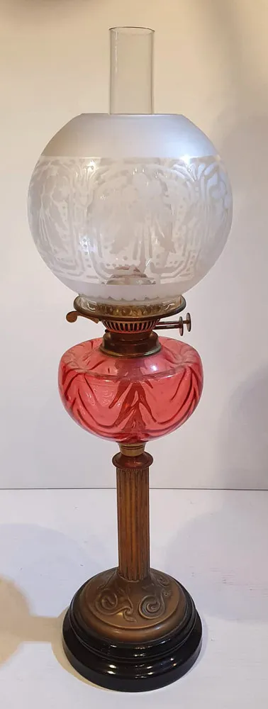 19th Century Oil Lamp with Etched Glass Shade