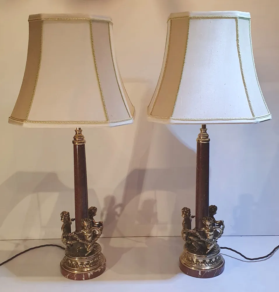 Pair of Early 20th Century Marble and Brass Table Lamps