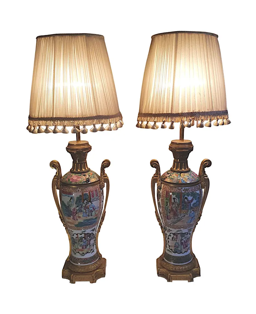A Gorgeous Pair of 19th Century Oriental Gilt Metal and Porcelain Chinoiserie Table Lamps