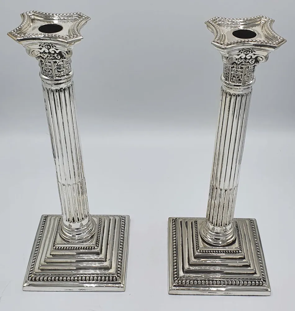 Pair of 19th Century Silver Plated Corinthian Candlesticks