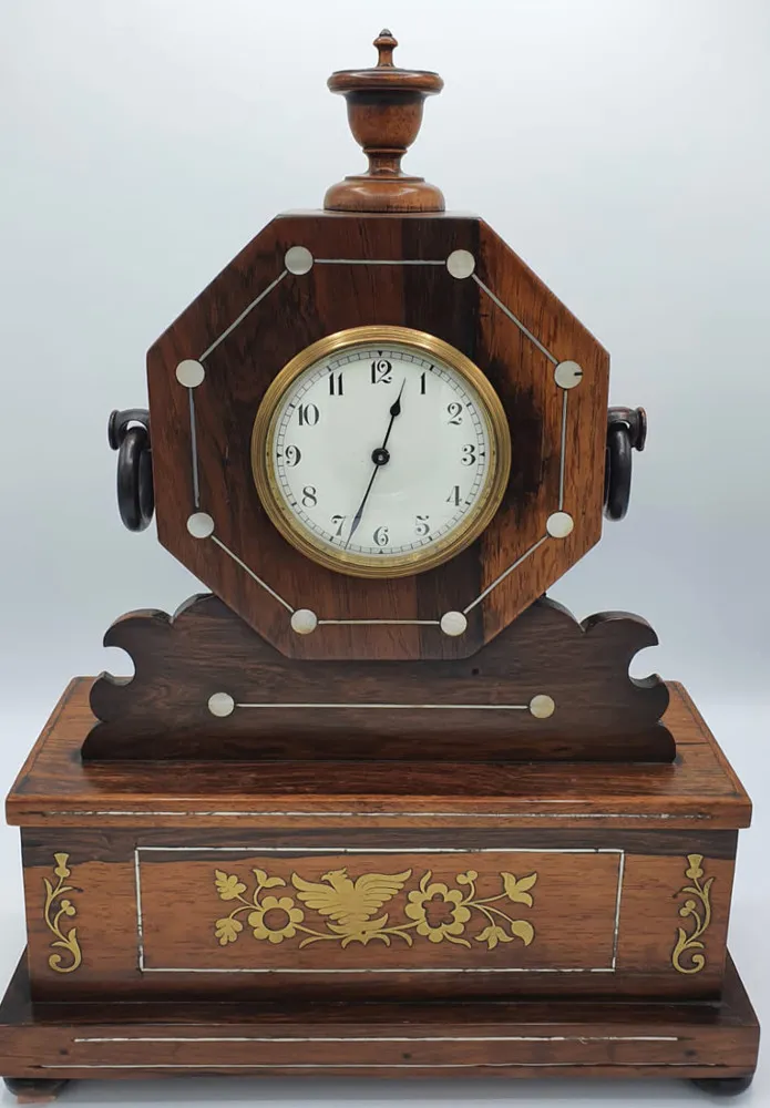 19th Century Rosewood Mantle Clock with Brass and Mother of Pearl Inlay