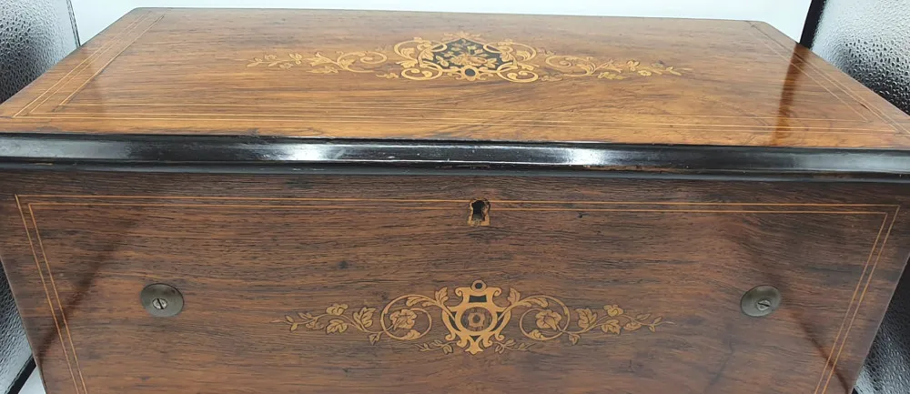 Rare 19th Century Marquetry Inlaid Rosewood Cylinder Music Box