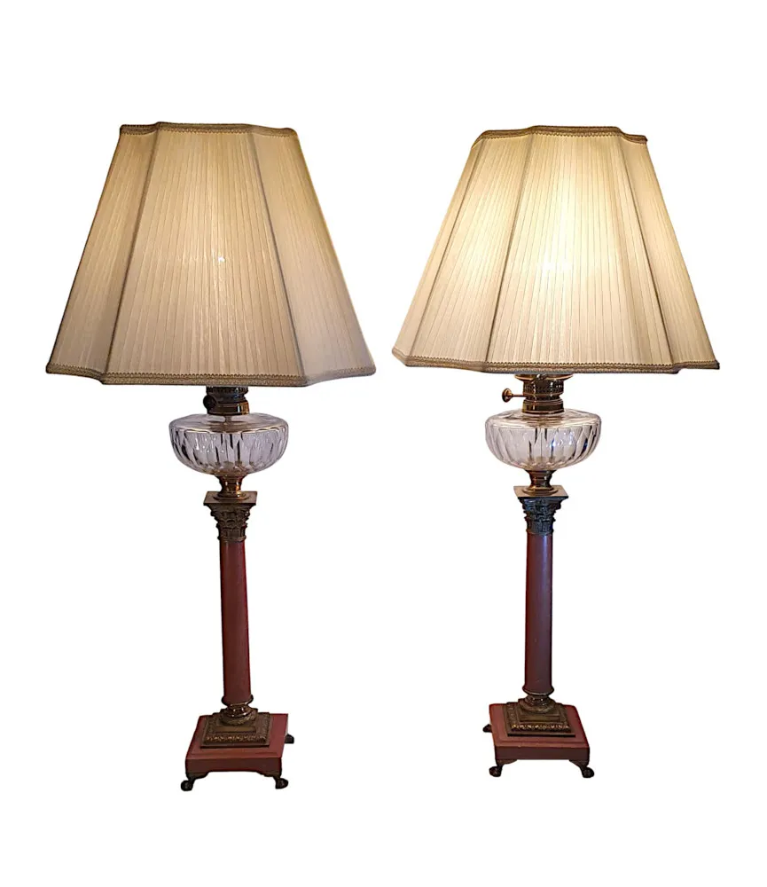 A Very Fine Pair of 19th Century Corinthian Pillar Marble Oil Lamps Converted to Electricity