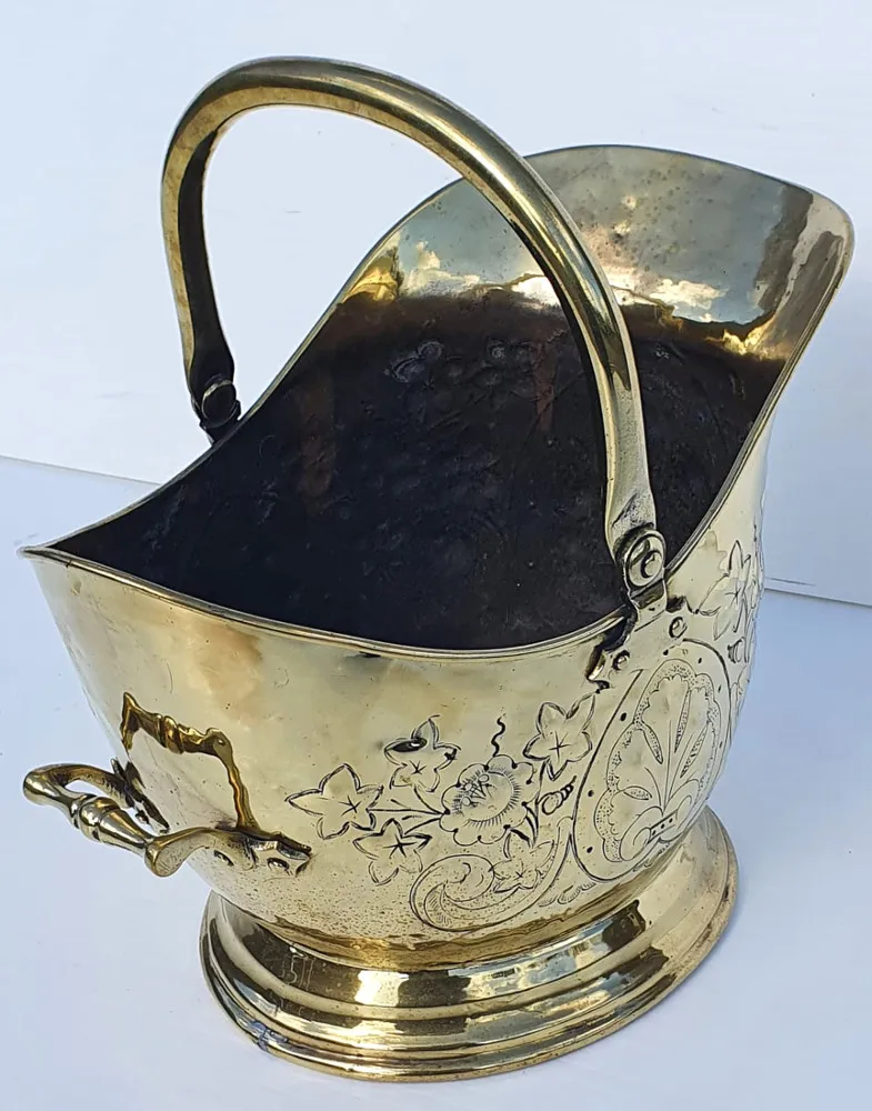  Lovely 19th Century Embossed Brass Coal Scuttle 