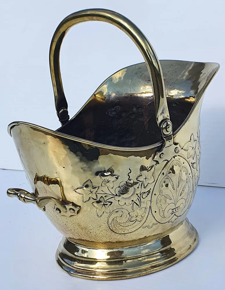  Lovely 19th Century Embossed Brass Coal Scuttle 