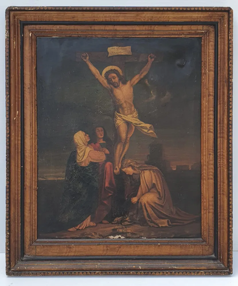 19th Century Oil on Canvas of Jesus on Cross