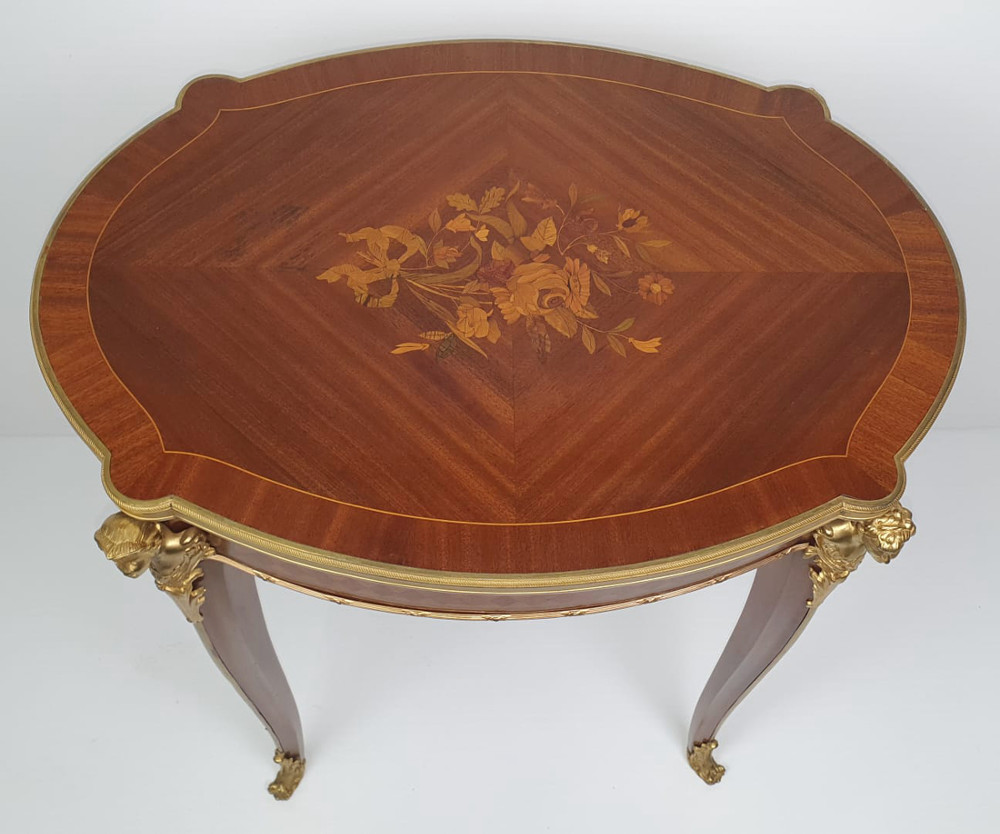 Early 20th Century Marquetry Inlaid Mahogany Table with Ormolu Mounts
