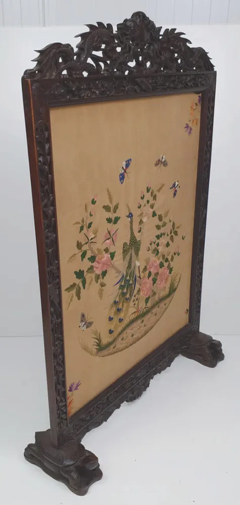 19th Century Chinese Mahogany Fire Screen with Silk Embroidered Panel