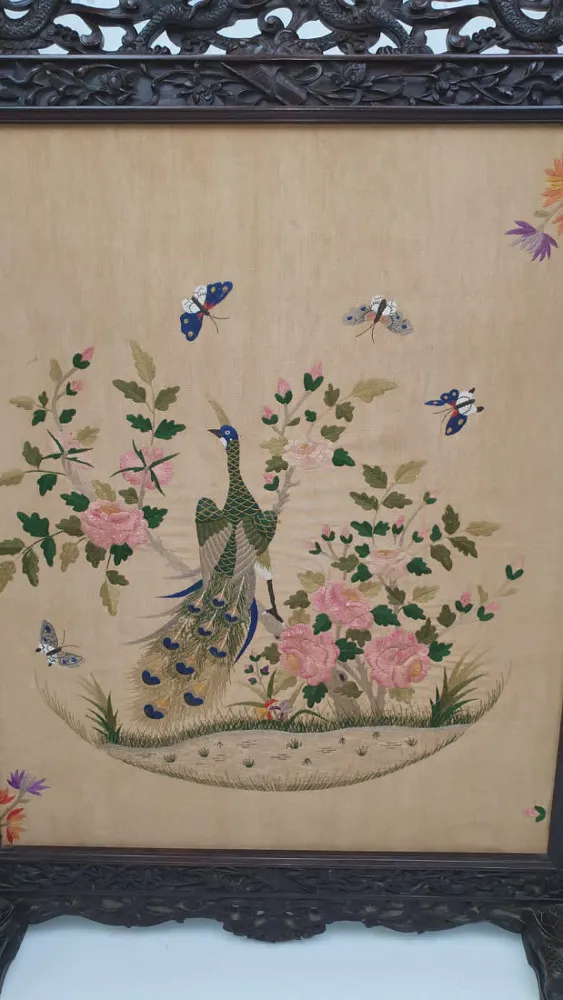 19th Century Chinese Mahogany Fire Screen with Silk Embroidered Panel