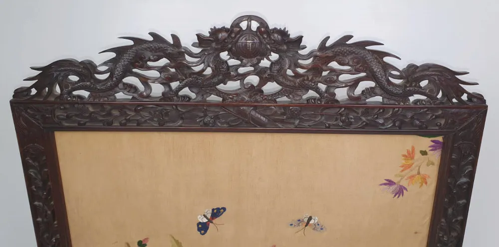 19th Century Chinese Mahogany Fire Screen with Silk Embroidered Panel
