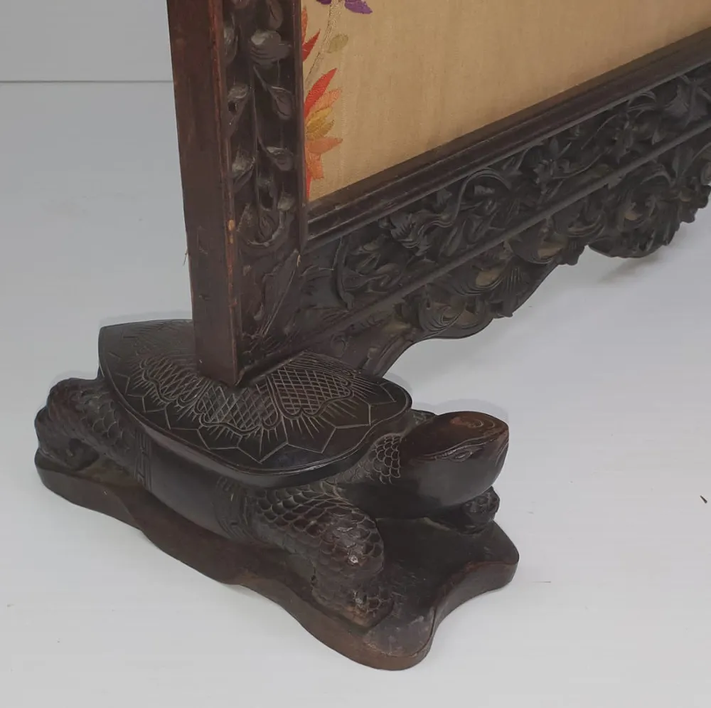 19th Century Chinese Mahogany Fire Screen with Silk Embroidered Panel
