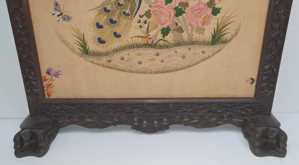 19th Century Chinese Mahogany Fire Screen with Silk Embroidered Panel