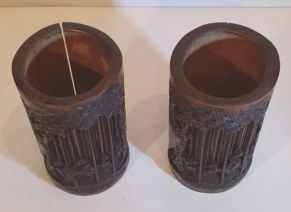 Lovely Pair of 19th Century Chinese Carved Bamboo Brush Pots