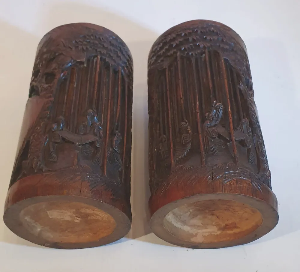 Lovely Pair of 19th Century Chinese Carved Bamboo Brush Pots
