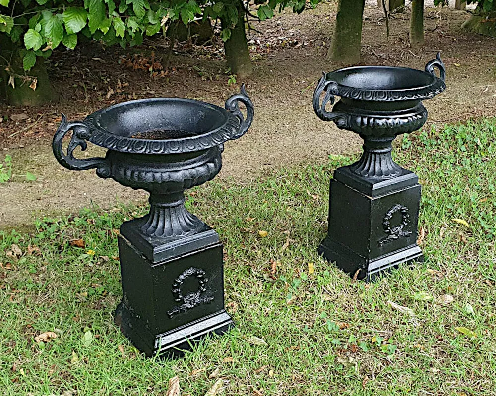 Pair of Victorian Style Cast Iron Garden Urns