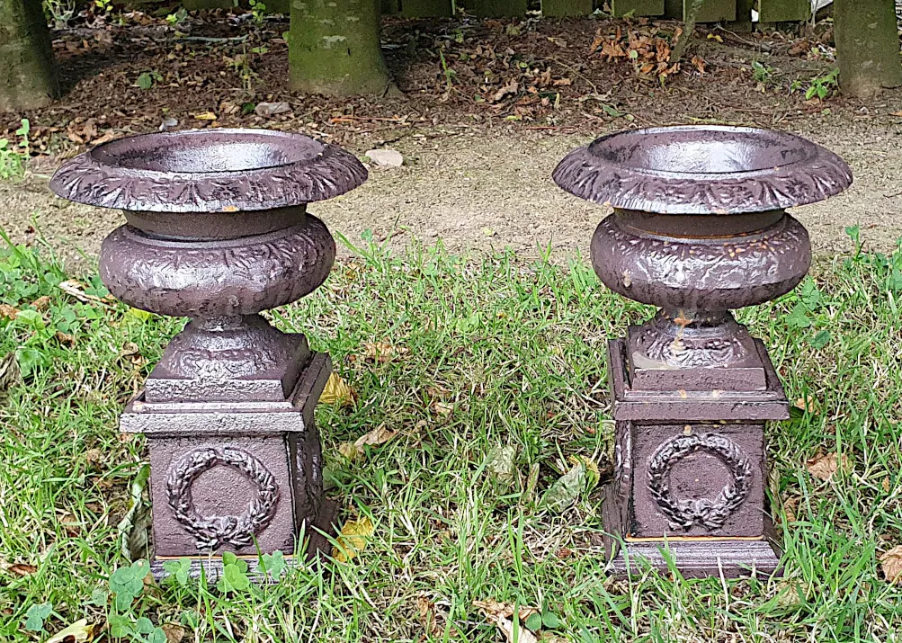 Pair of Victorian Style Cast Iron Urns on Stands