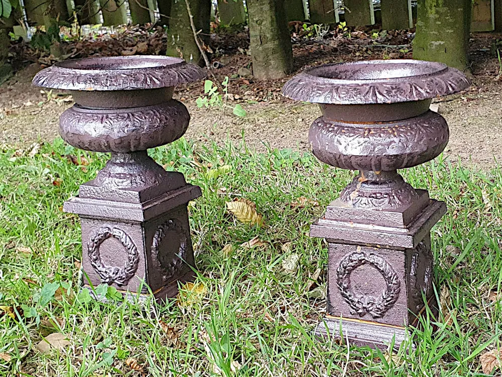 Pair of Victorian Style Cast Iron Urns on Stands