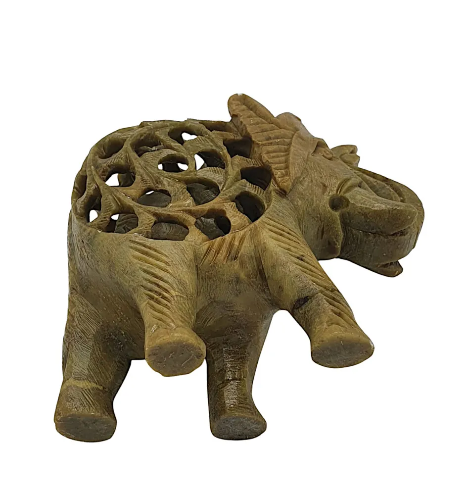  A Very Unique Vintage Hand Carved Soap Stone Figurine Depicting Elephant and Baby 