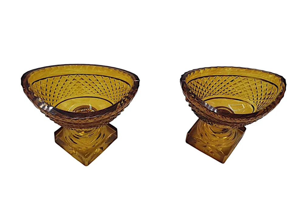 An Unusual and Fine Pair of 19th Century Amber Cut Glass Boat Shaped Salts