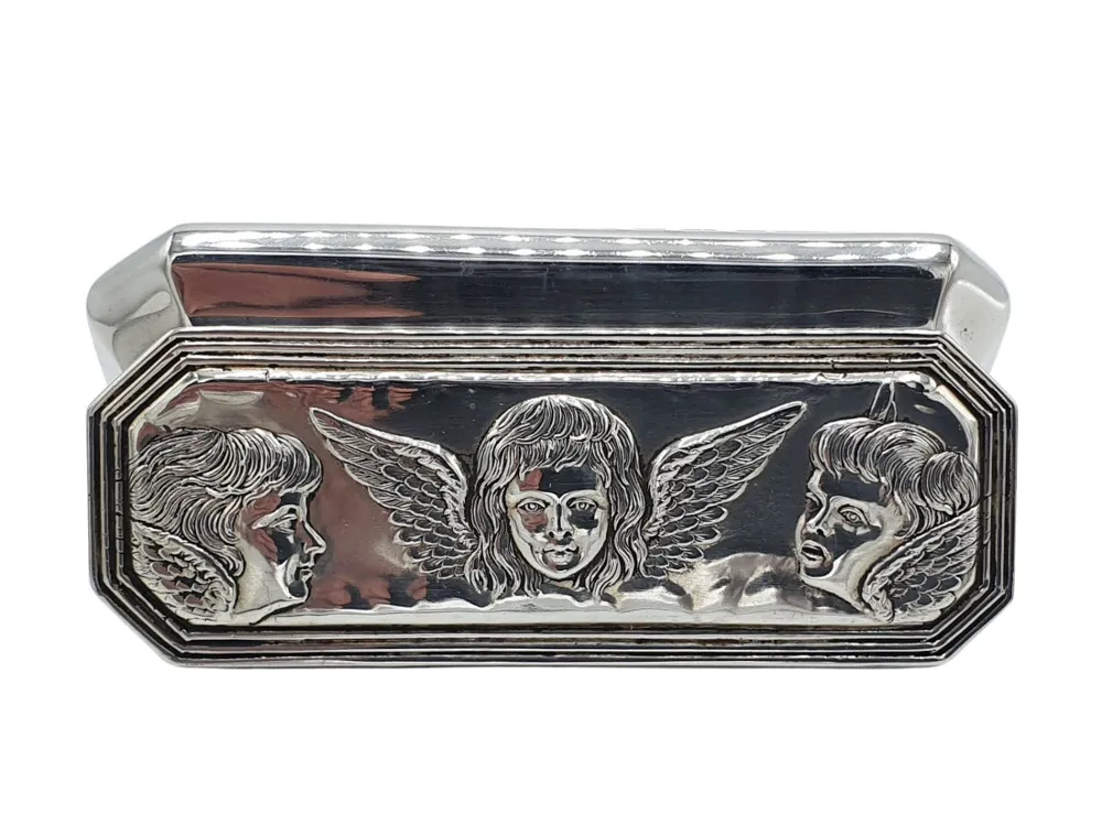 A Beautiful 19th Century Sterling Silver Box Embossed with Repousse Cherubs