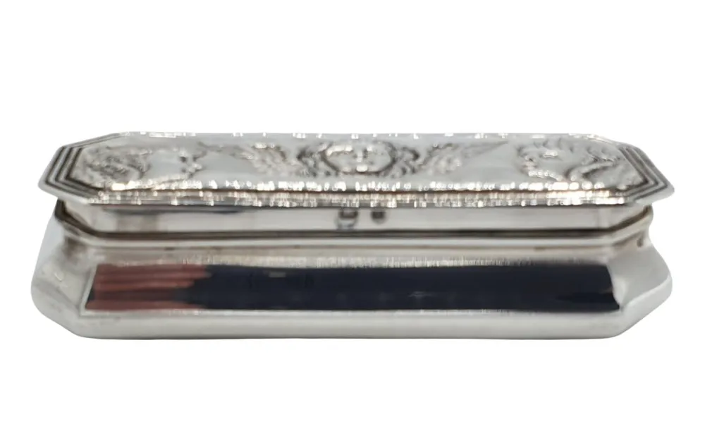 A Beautiful 19th Century Sterling Silver Box Embossed with Repousse Cherubs