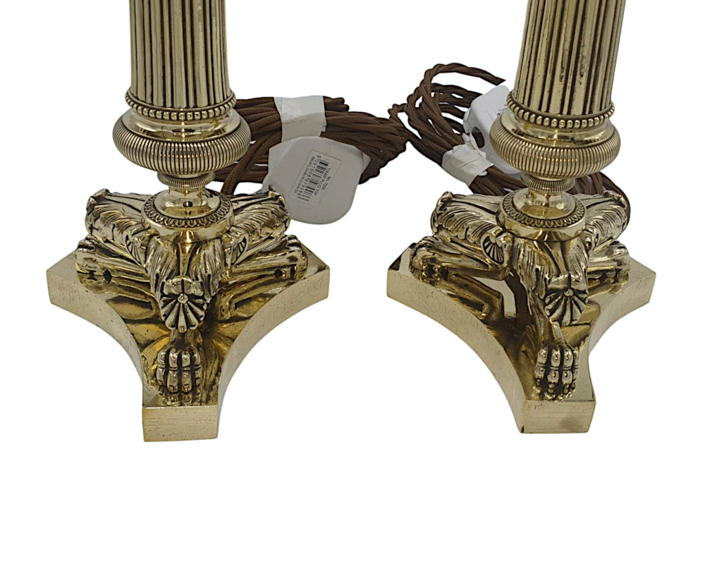 Lovely Pair of 19th Century Empire Style Brass Candlesticks Converted to Table Lamps