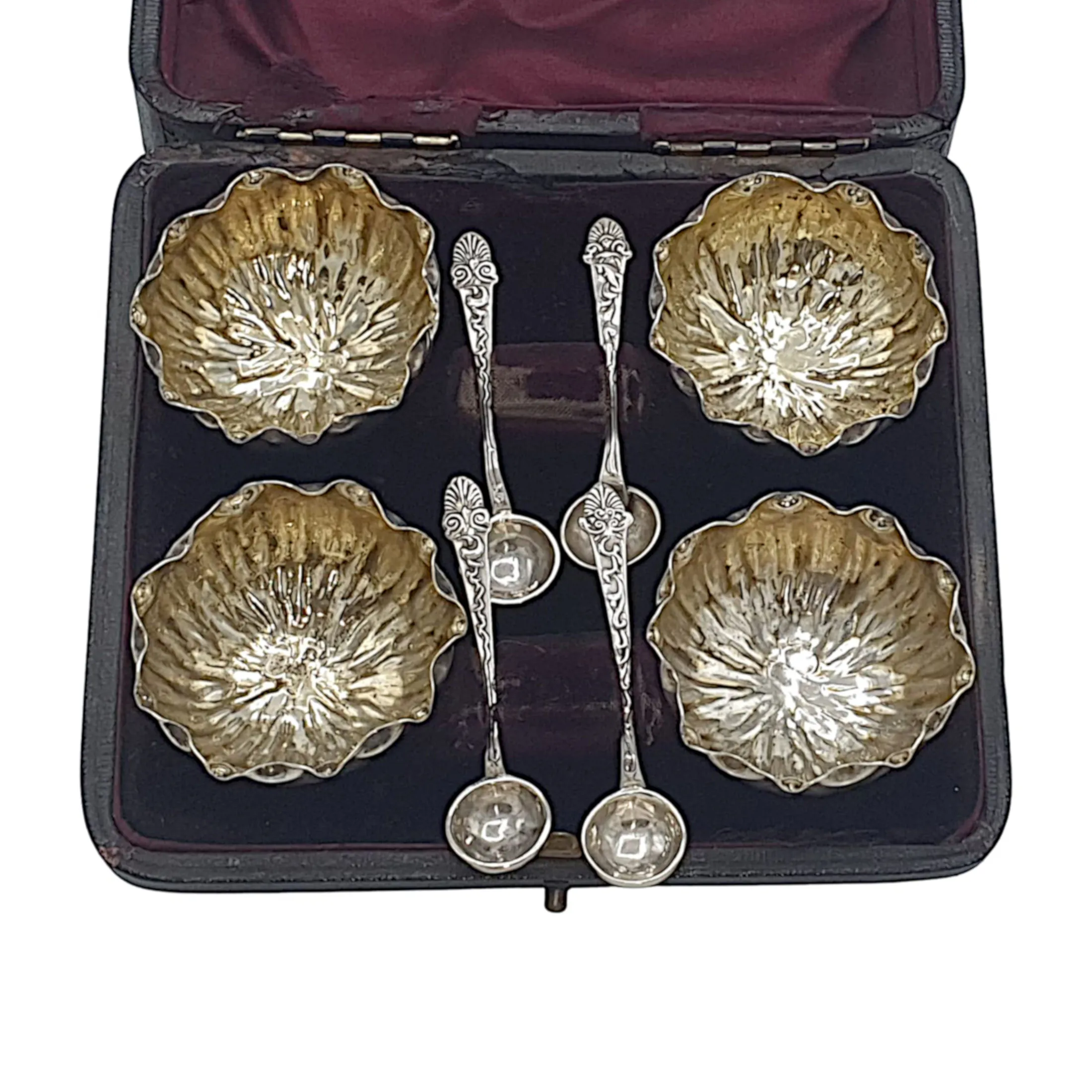 An Elegant Early 20th Century Sterling Silver Set of Salts and Spoons