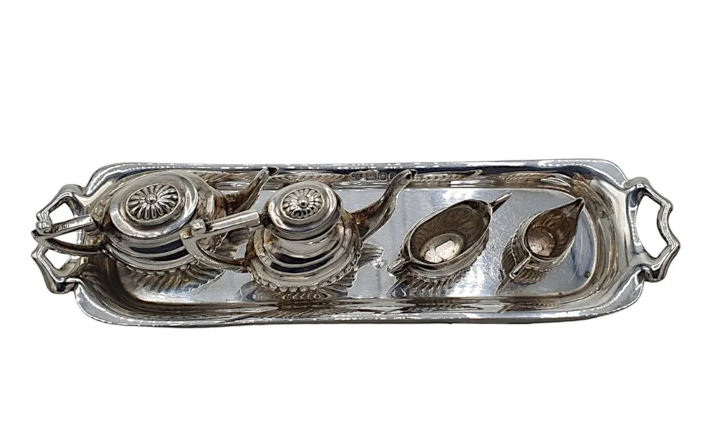A Lovely 20th Century Sterling Silver Miniature Tea Set and Tray