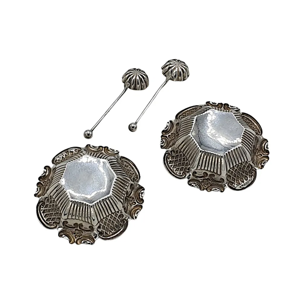 A Gorgeous Early 20th Century Edwardian Boxed Sterling Silver Salts and Spoons